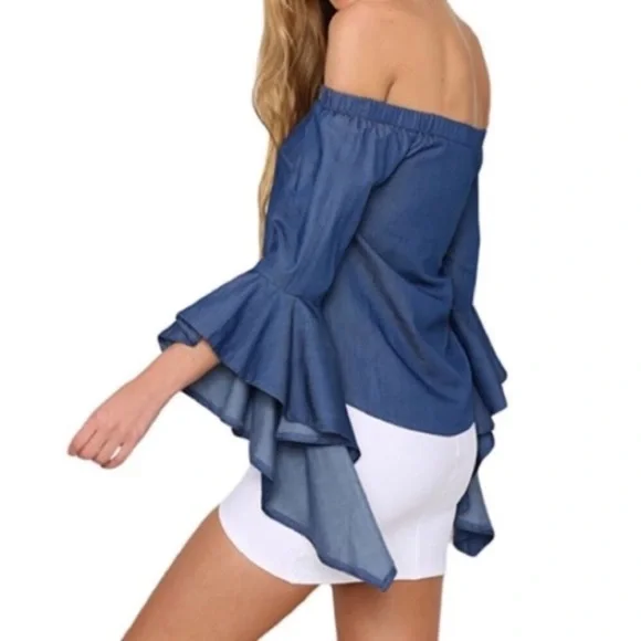 Off Shoulder Ruffled Bell Sleeve Chambray Top - Picture 3 of 7